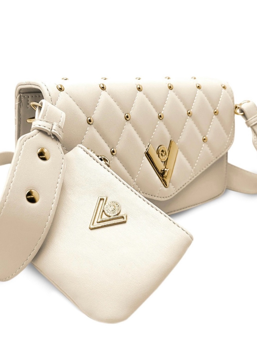 Valentino Orlandi Medium Bone Quilted Studded Crossbody Bag with Mini Pouch NWT